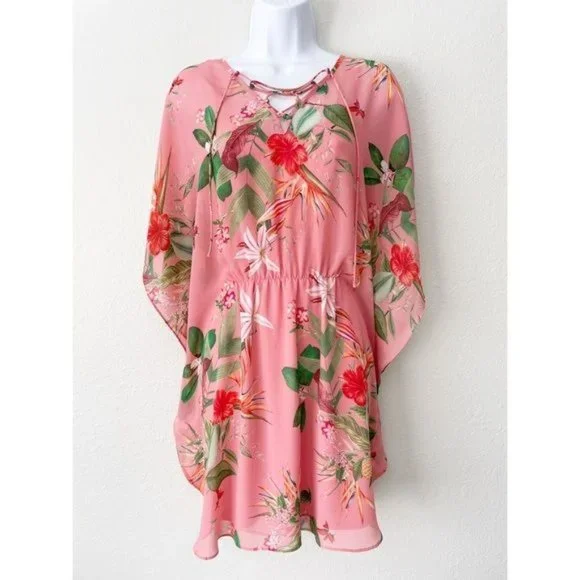 Express pink floral sheer chiffon cinched waist dress M - Picture 3 of 15